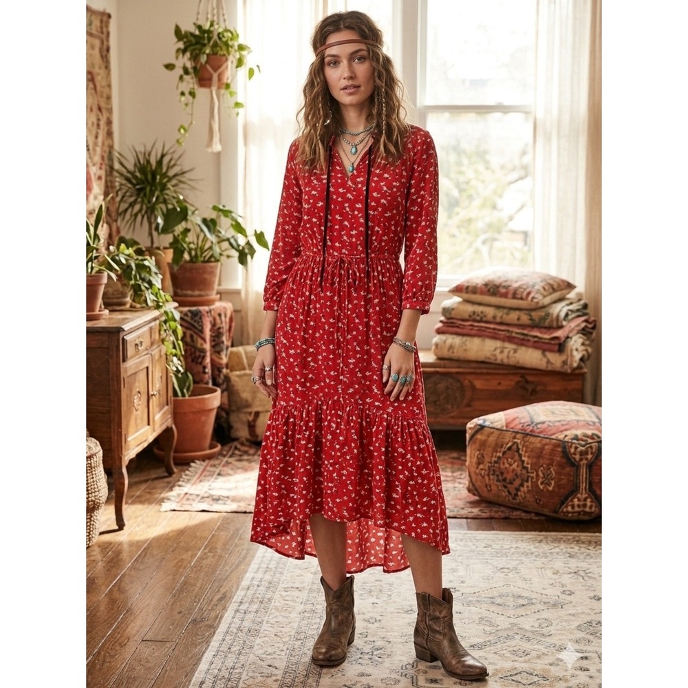 Lucky Brand Red Floral Velvet Tie Hi-Low Midi Dress Size Small Boho Prairie Chic